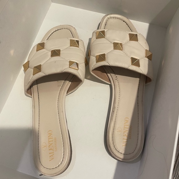 Valentino Shoes - Valentino Cream Sandals with Gold Studs